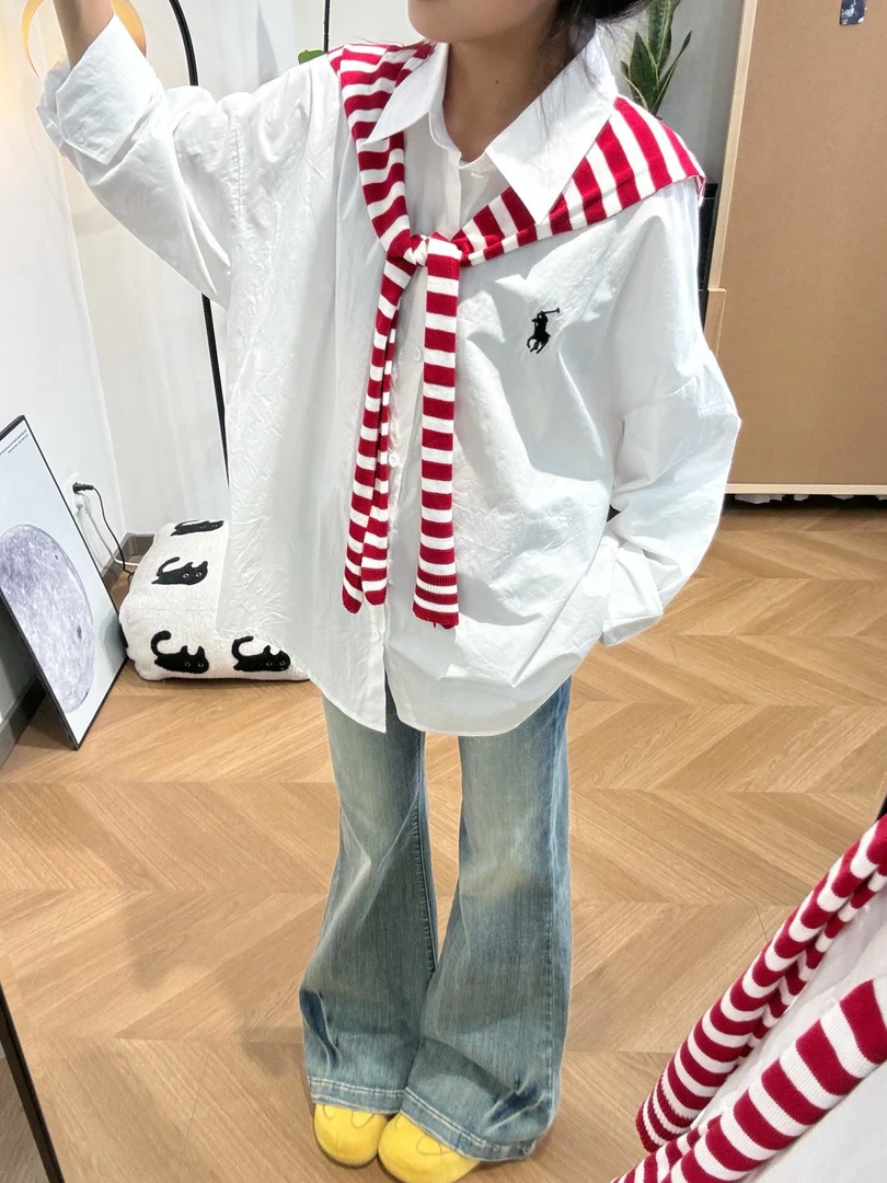 夏季韩版宽松polo领小马刺绣长袖披肩衬衫早秋时尚百搭