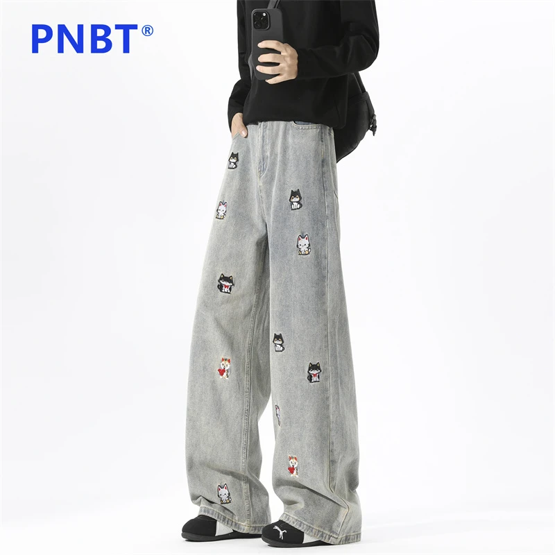 PNBT潮牌小猫刺绣牛仔裤男款宽松垂感直筒美式复古百搭阔腿休闲裤