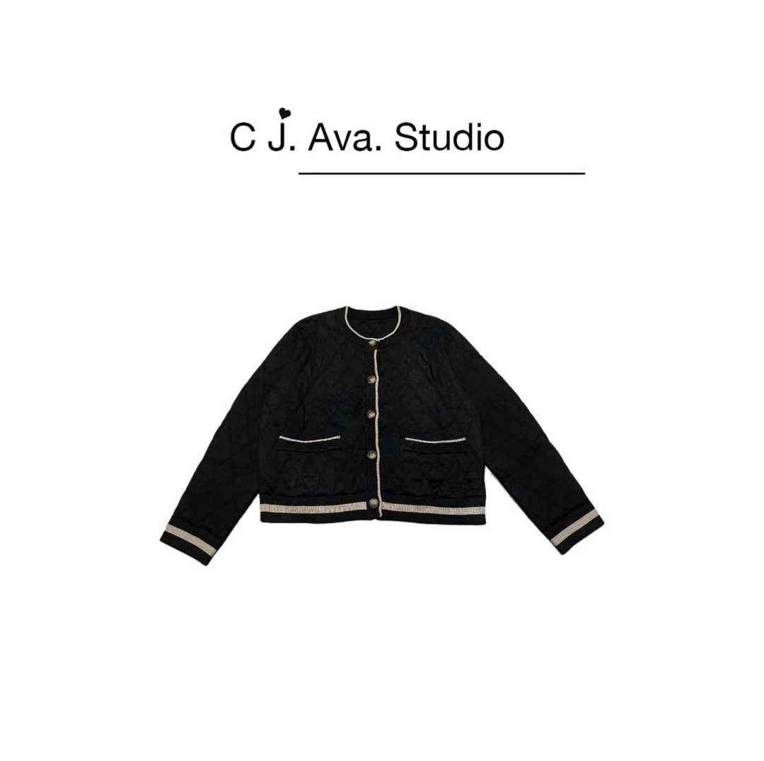 【CJ.Ava Studio】百搭圆领菱撞色格丝光羊毛外套AM006