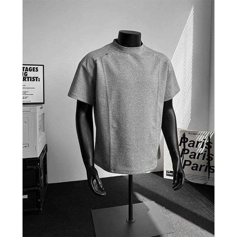 白花灰小领口太空棉短袖男款夏季高级感正肩t恤铆钉拼接boxy半袖