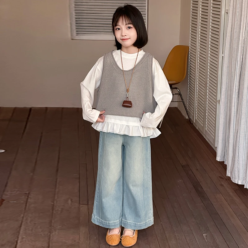 女童春秋时髦套装毛衣背心6-12岁中大童网红牛仔阔腿裤洋气三件套