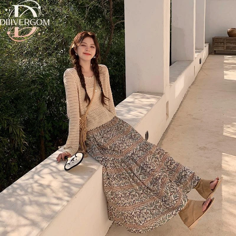 慵懒度假风套装裙女松弛感镂空2025春夏新款碎花上衣半身裙两件套