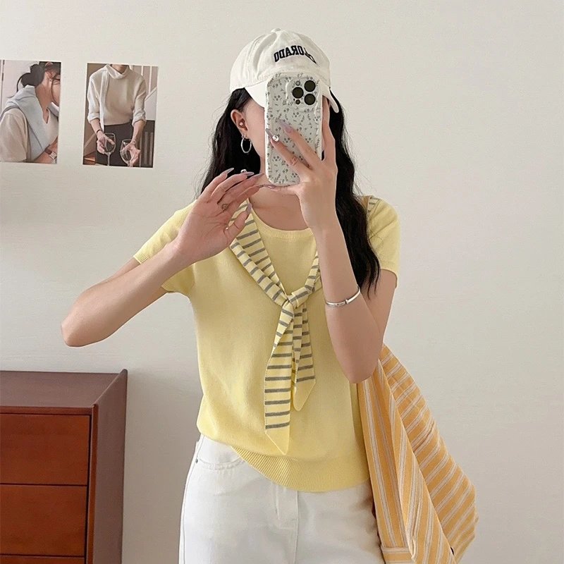 假两件撞色圆领短袖针织衫夏季新款设计感洋气时尚百搭显瘦上衣女