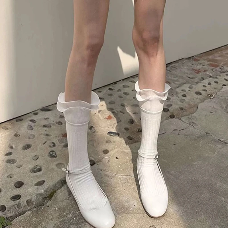 白色芭蕾风双层荷叶边袜子女中筒夏季薄款褶皱小腿袜网红堆堆袜子