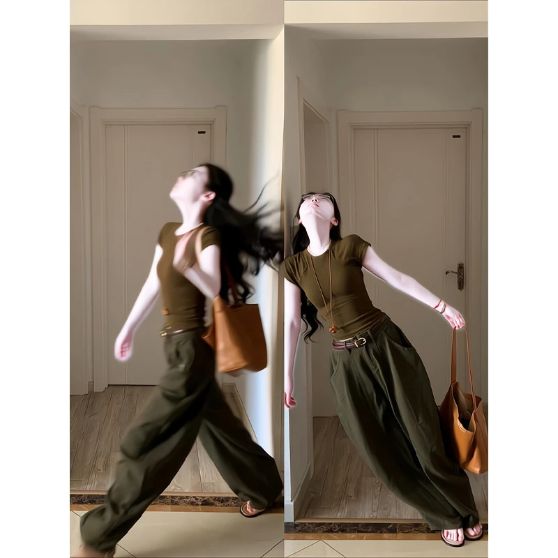 基础款纯色插肩短袖t恤修身短款打底衫上衣军绿工装牛仔裤弯刀裤