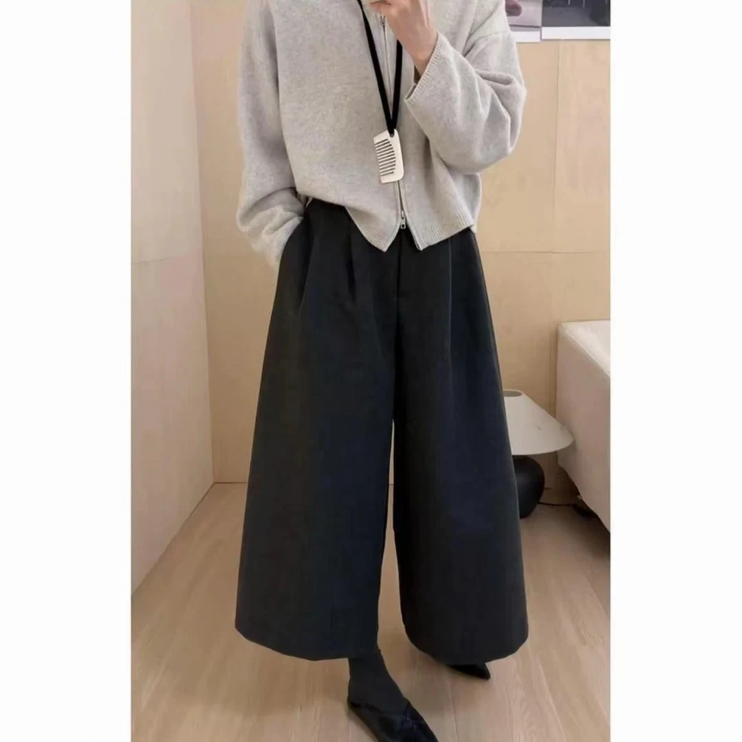 【秋冬毛呢】2025新款阔腿八分裤厚款慵懒风拼接休闲裤女装显瘦裤子