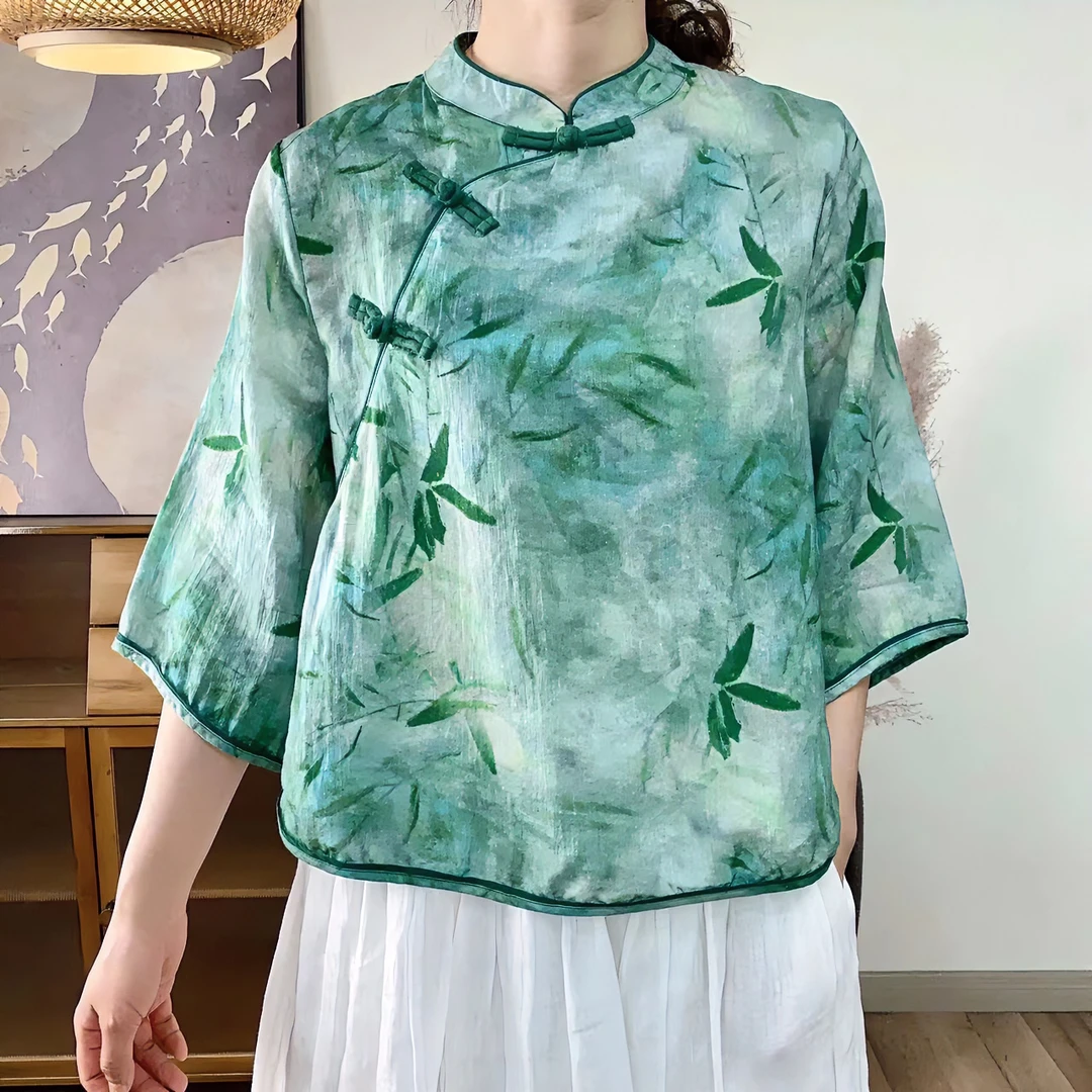 BRCP/布然初品2141苎麻女式上衣复古斜襟盘扣文艺风小茶服T恤上衣