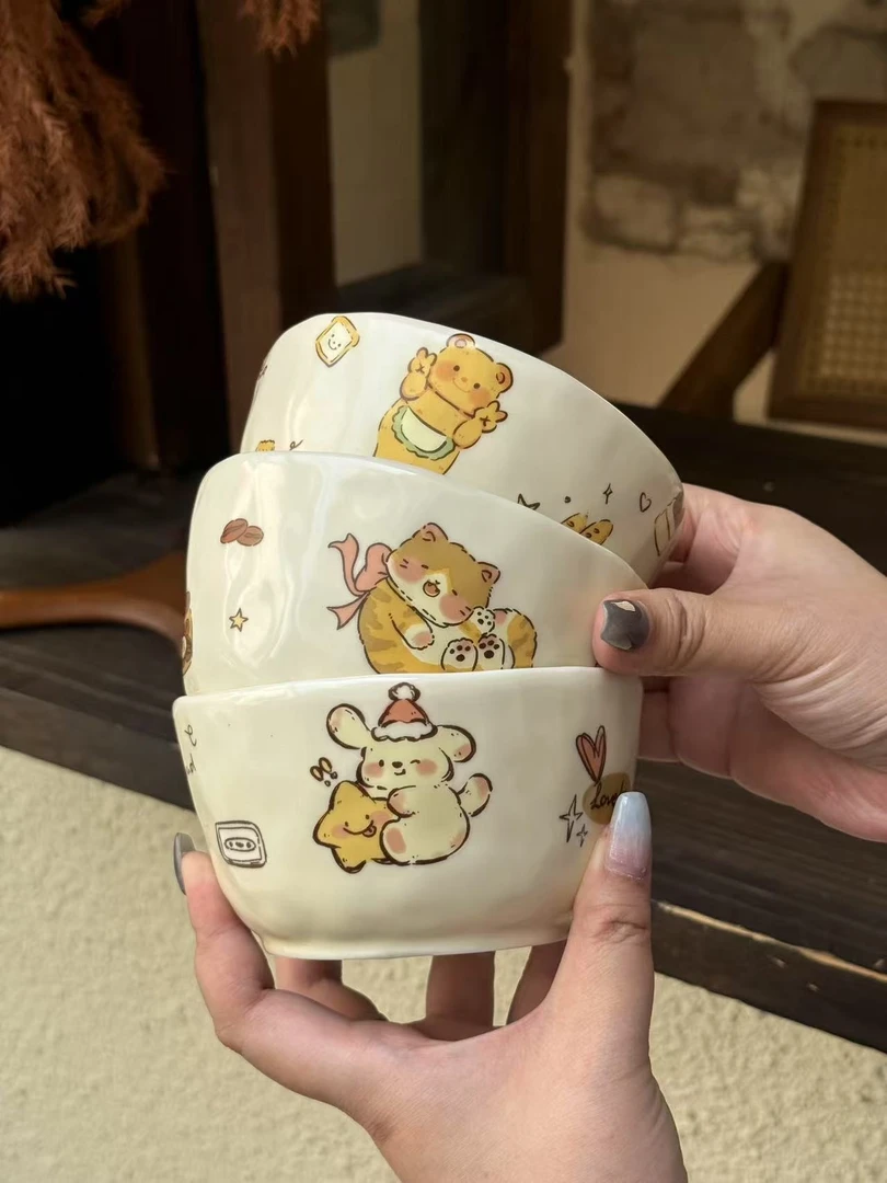 4.7寸饭碗奶油风ins韩国可爱黄油小熊小猫手捏碗盘创意菜盘饭碗