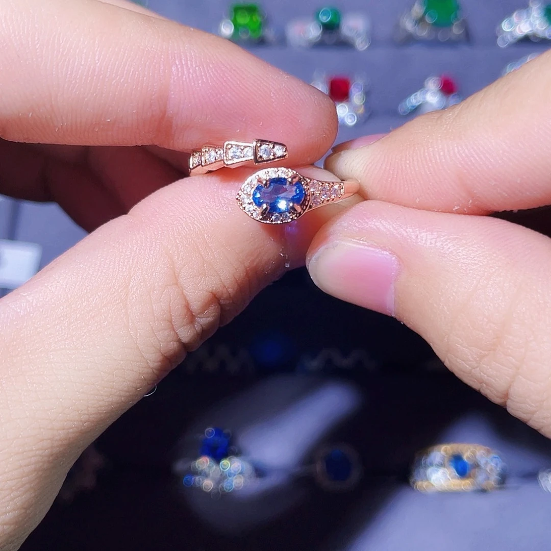 合成（培育）蓝宝石戒指/指环足金镶嵌