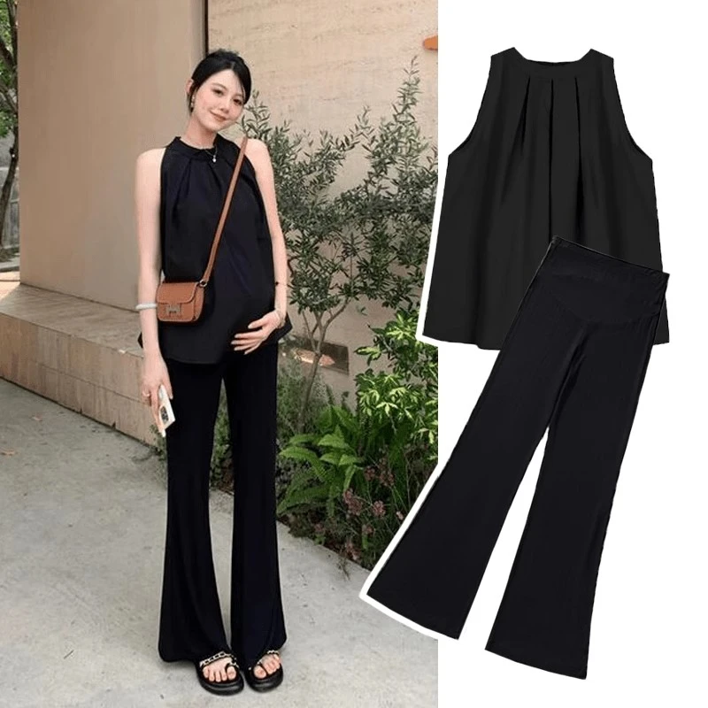 孕妇莫代尔裤子夏季薄款外穿显瘦微喇裤时尚款黑色百搭垂感拖地裤