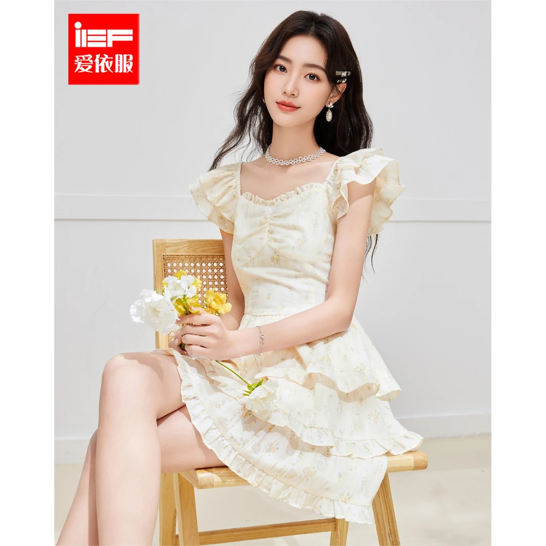 IEF/爱依服2025夏季新款甜美清新碎花设计感显瘦连衣裙流光风