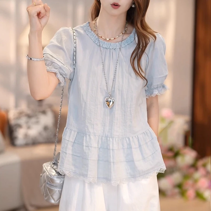 2025夏季新款法式圆领木耳边短袖小衫女网纱拼接减龄小众显瘦衬衫