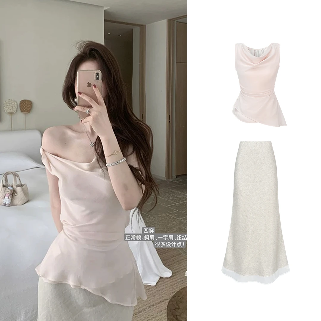 气质微荡领扭结收腰系带小上衣+法式设计感包臀鱼尾半身裙L 8827#