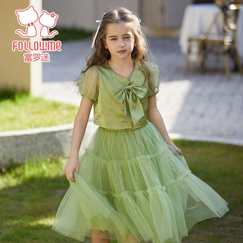 富罗迷套装两面穿蝴蝶结上衣网纱裙两件套夏款短袖蓬蓬裙F4B9758T