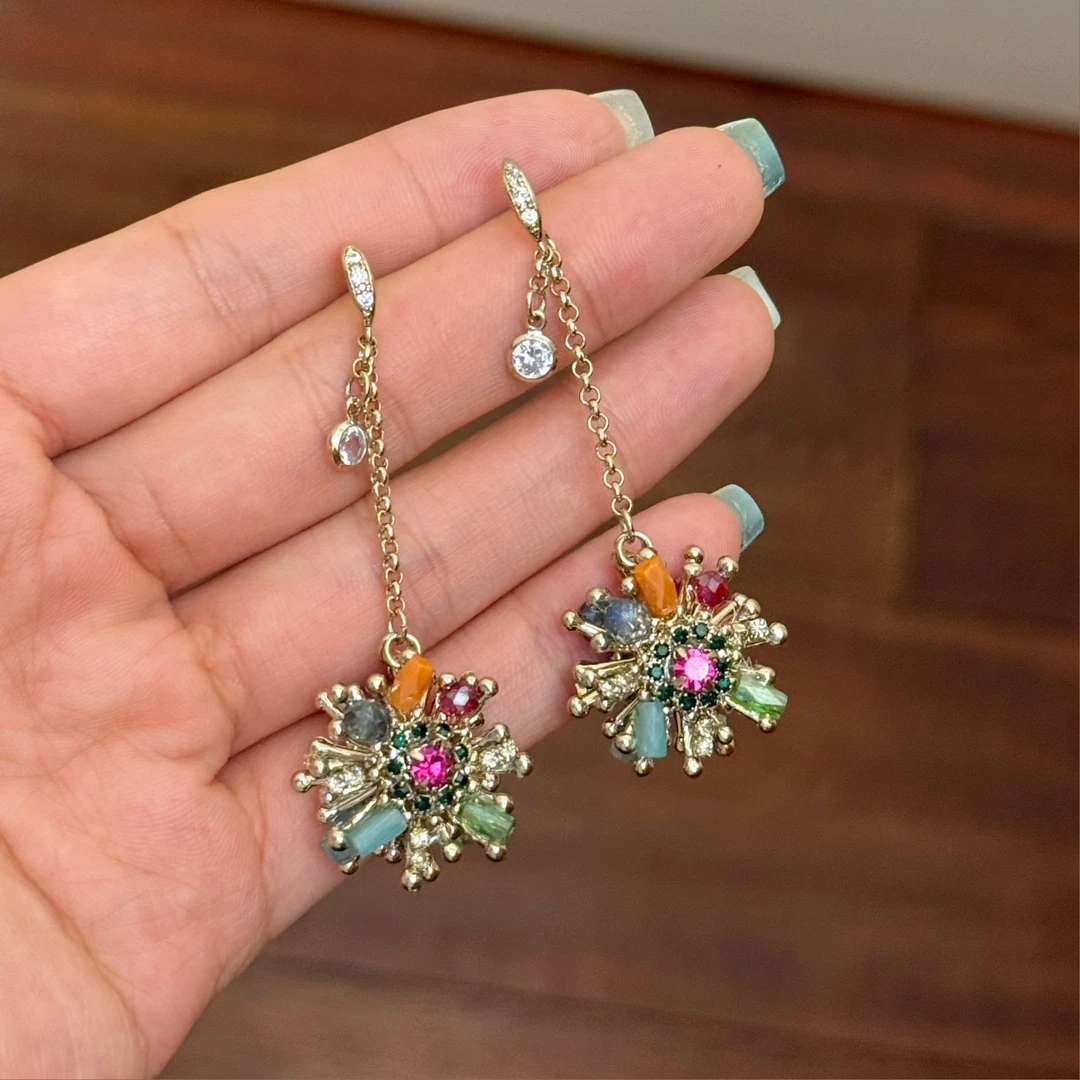 铜合金合成锆石耳饰 E0631 东大门定制手工太阳花多巴胺彩色耳环