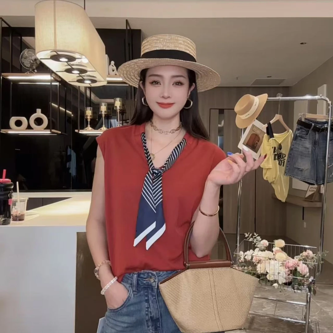 华丽微微【漫游】夏季新款纯色V领丝巾领纯色短袖T恤T1433