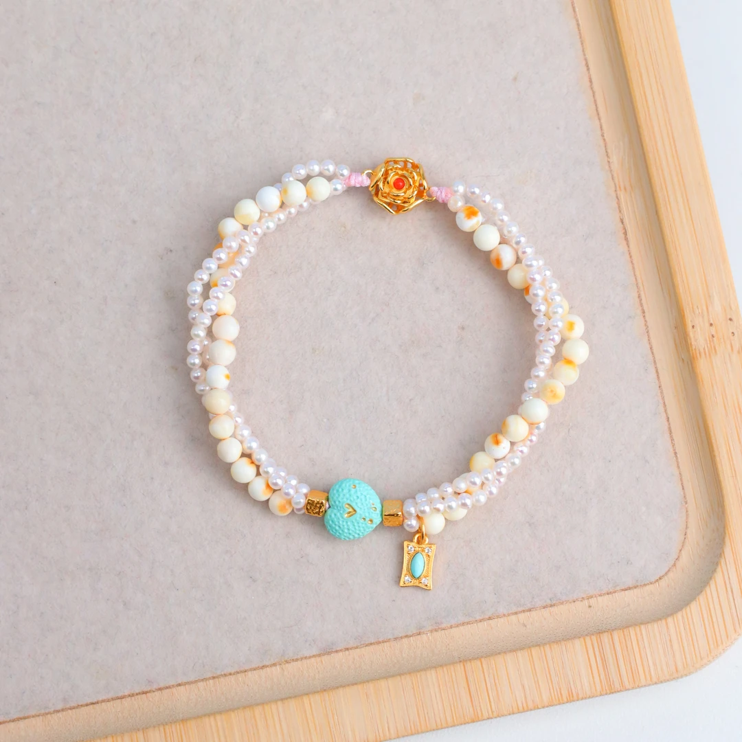 【琪琪珠宝】时尚淡水珍珠绿松爱心编织手链