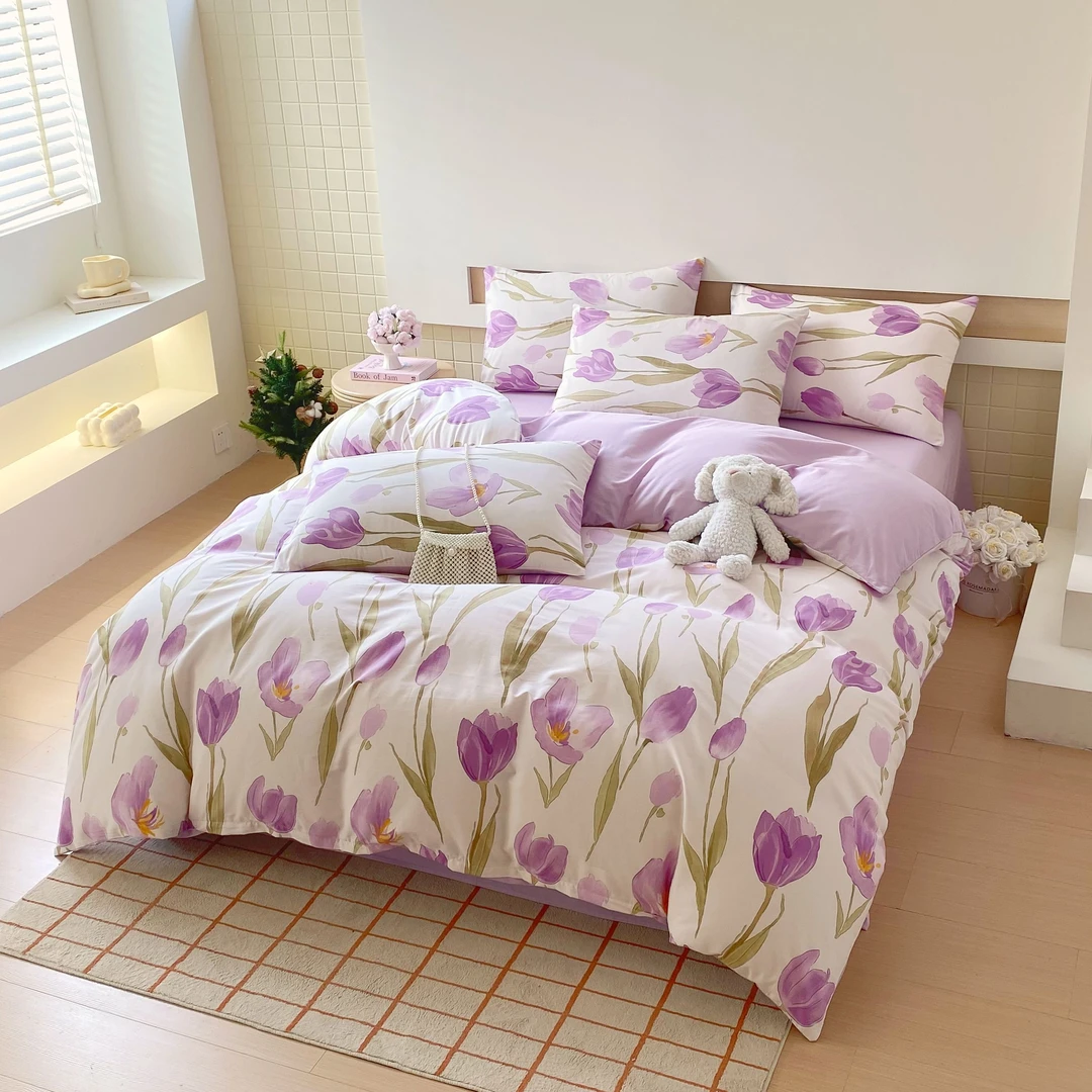 奇益峰全棉印花四件套-郁金香简约小清新亲肤柔软