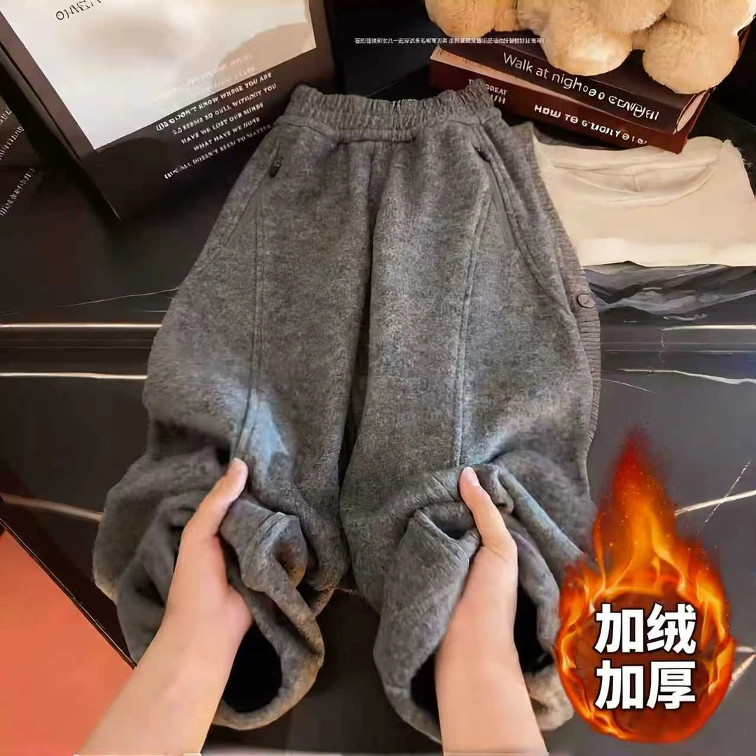 女童秋冬加绒阔腿裤弯刀裤2025新款韩版秋季百搭长裤中大童休闲裤