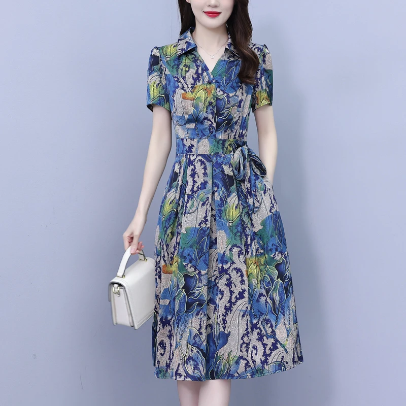 有口袋真丝桑蚕丝连衣裙夏季新款香云纱中长款收腰显瘦妈妈装裙子