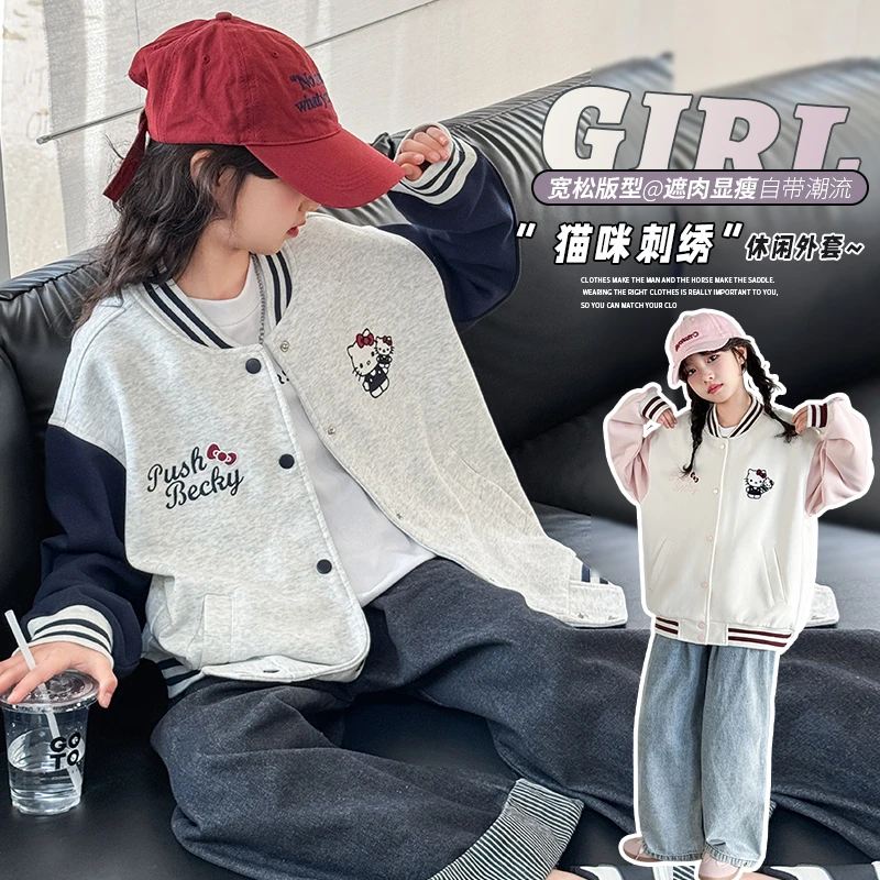女童猫咪棒球服外套儿童春秋2025新款拼色上衣中大童休闲韩版外套