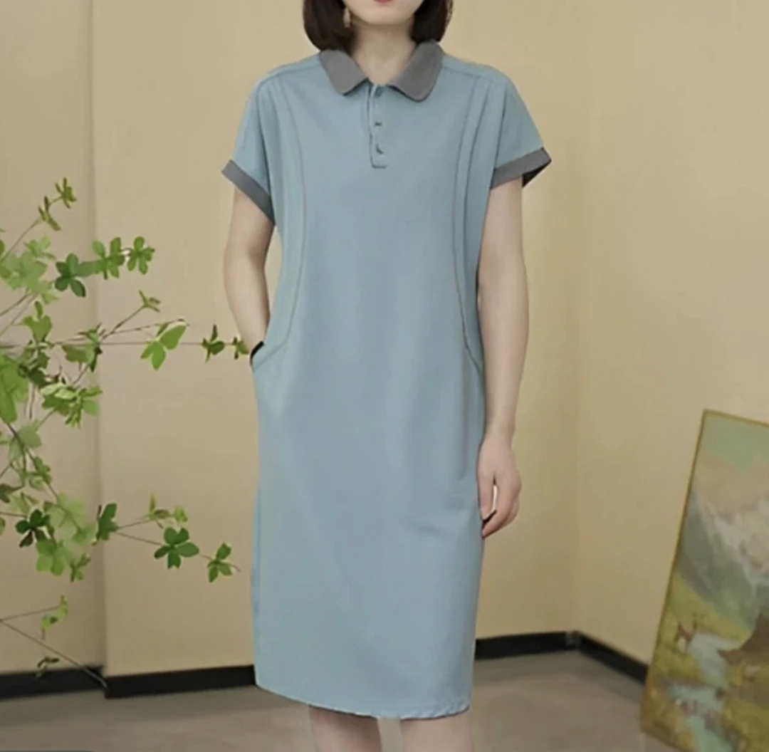 夏季新款Polo领落肩连衣裙撞色拼接宽松显瘦气质裙子-2588