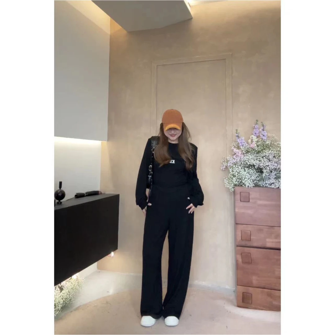 晶咕【超优比例】显瘦短款上衣阔腿裤三件套高腰时尚百搭黑色