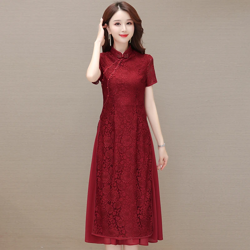 喜婆婆喜妈妈婚宴礼服红色改良版旗袍连衣裙2025夏季新款修身裙子