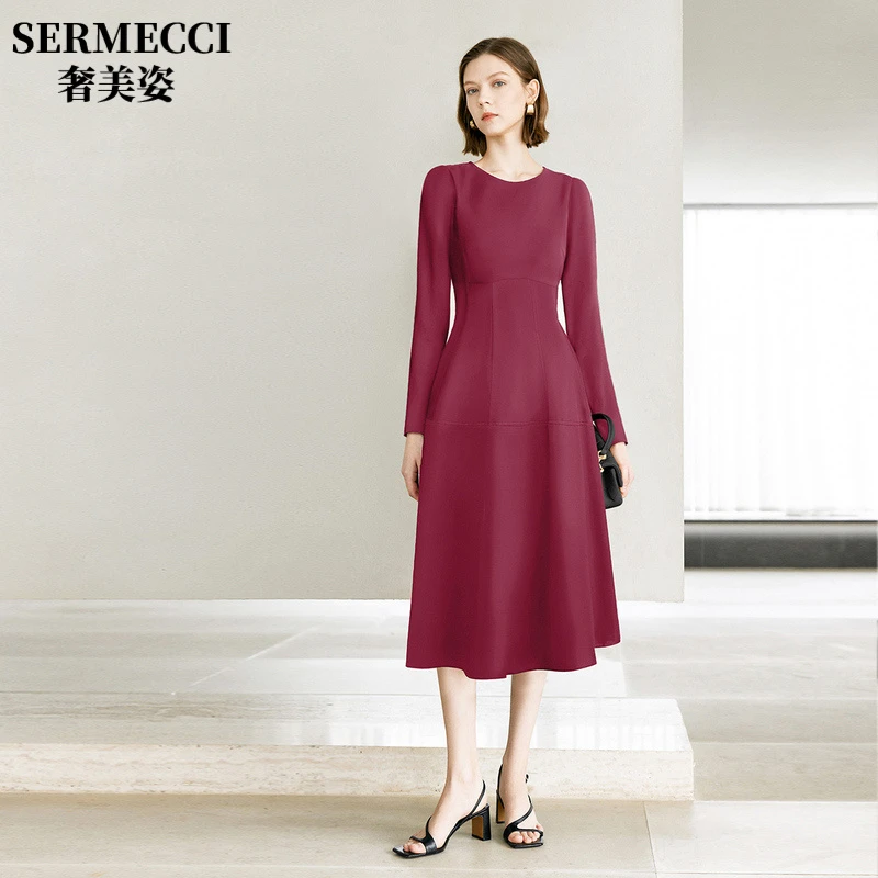 奢美姿长袖圆领洋装女2025新款秋装收腰显瘦酒红色中长版气质裙子
