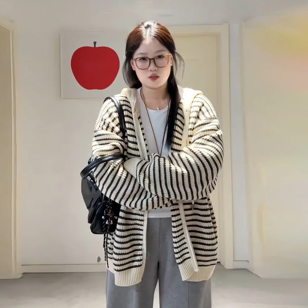 【9098】大码女装胖mm休闲长袖条纹连帽针织开衫宽松慵懒风毛衣外套