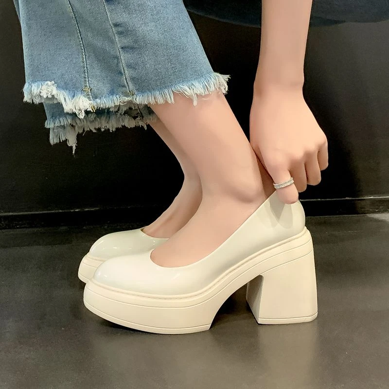 孟行2025新款高跟浅口尖头单鞋女极简风10cm粗跟真皮厚底百搭皮鞋