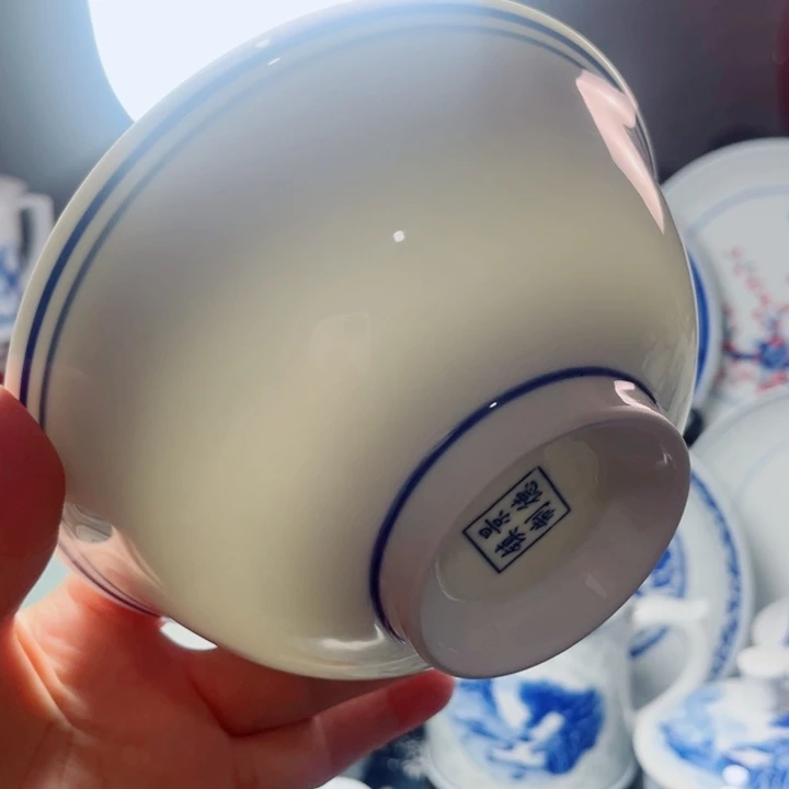 青花玲珑6寸面碗水绘蓝边