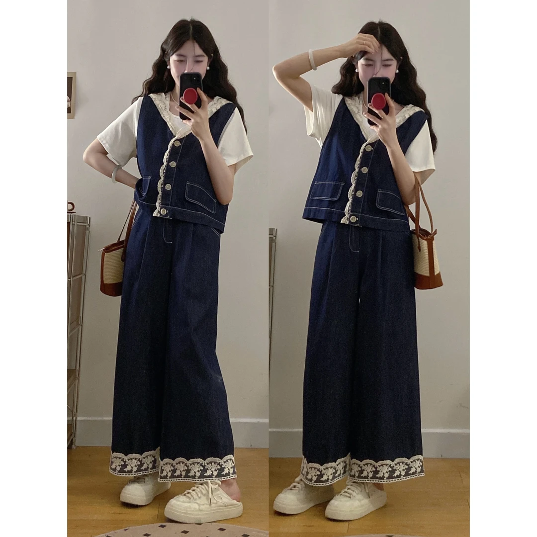 大码夏季新款时尚蕾丝拼接牛仔套装女T恤马甲阔腿裤洋气法式穿搭