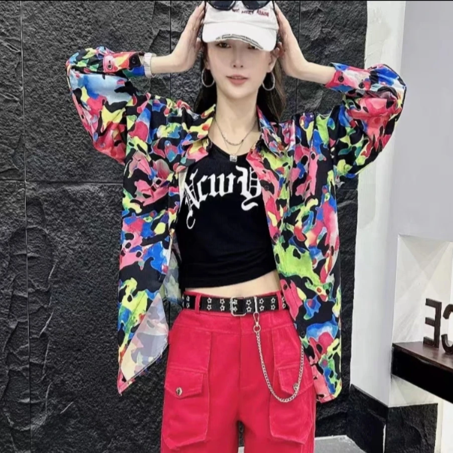 网红春秋新款衫长袖碎花满身印花时尚女款衬衣广场舞曳步舞跳舞潮