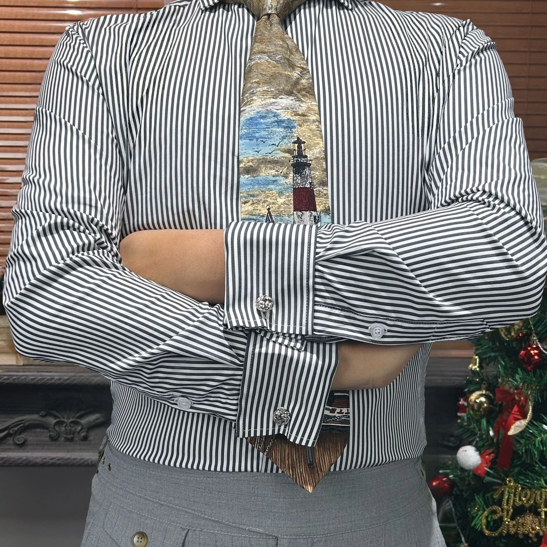 男式长袖温莎领衬衫男士 黑白条纹