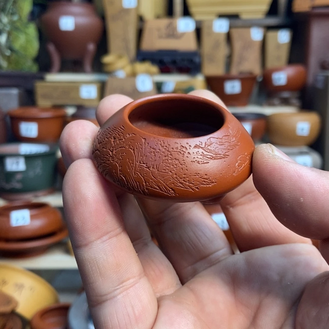 紫砂花盆孙伟手工制作带刻绘，内口经尺寸3×1.5