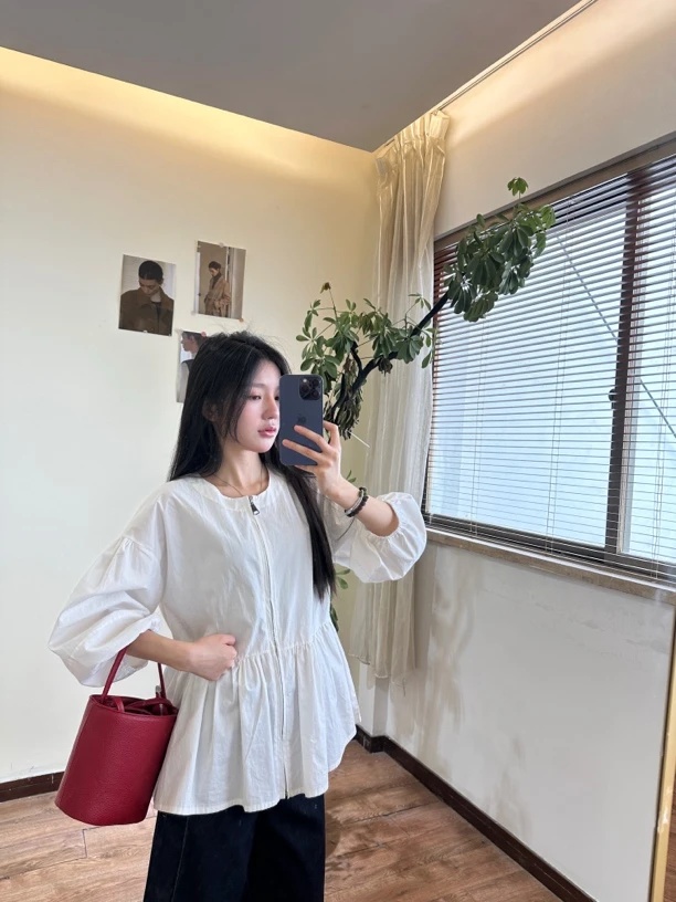 婷婷 泡泡袖衬衣外套拉链圆领娃娃衫