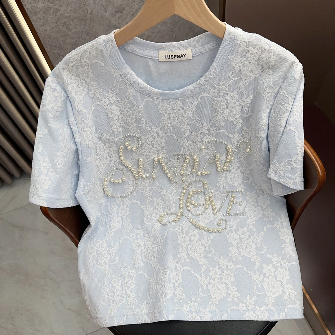 LUSESAY 蕾丝立体钉珠设计 夏季2025新款短袖t恤女百搭显瘦上衣