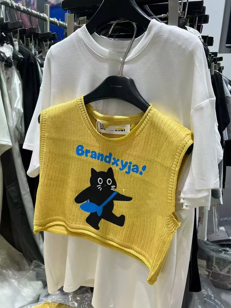 悠悠 时尚百搭显瘦圆领猫咪字母印花无袖冰丝背心