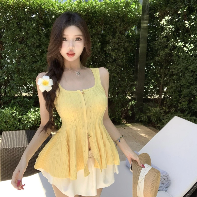 双拉链白色方领针织吊带背心女夏季修身收腰无袖外穿辣妹短款上衣