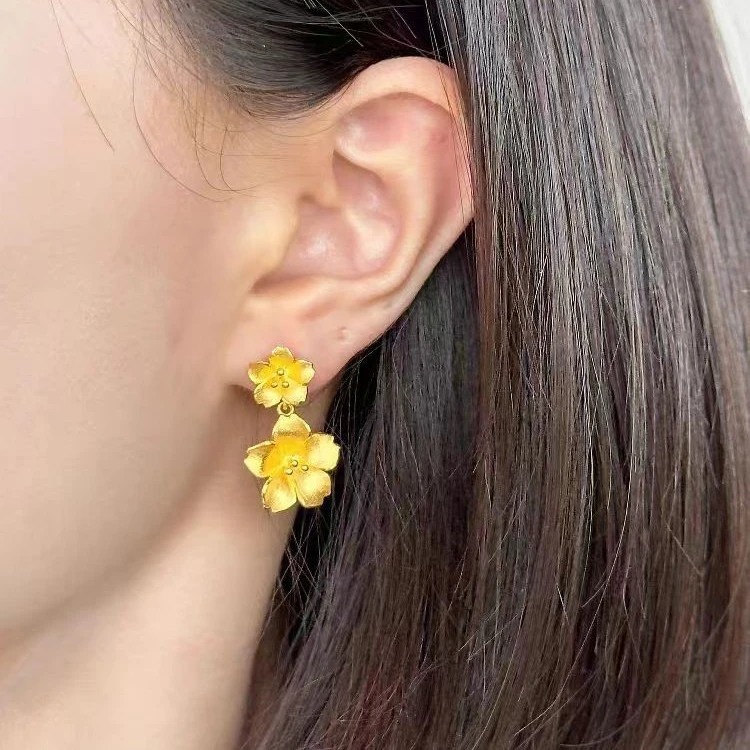 铜合金耳饰 双生花耳钉女时尚简约轻奢耳环气质金色国风耳饰百搭