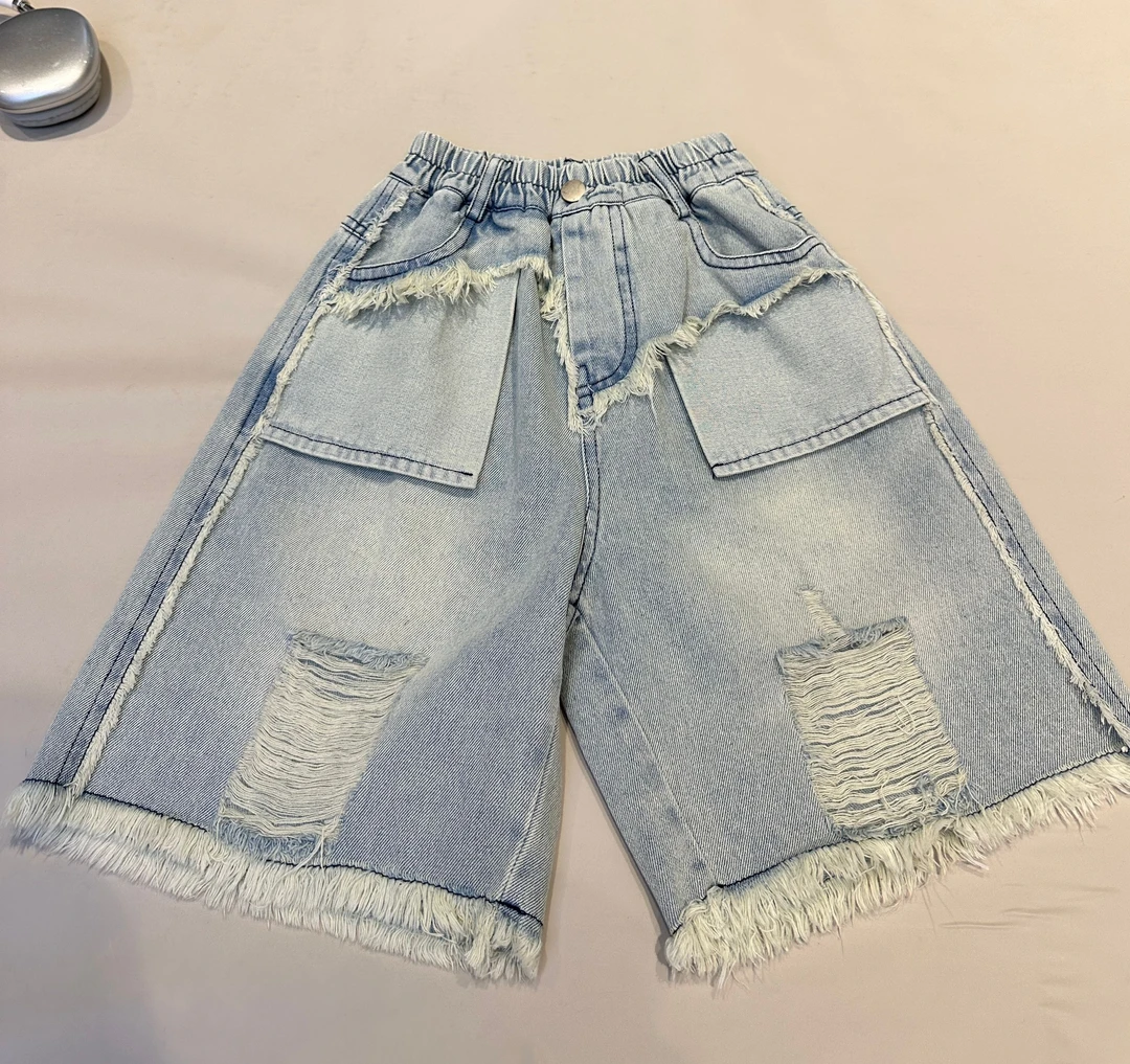 小白姐简约童装店铺儿童舒适洋气中大童破洞牛仔中裤 25343