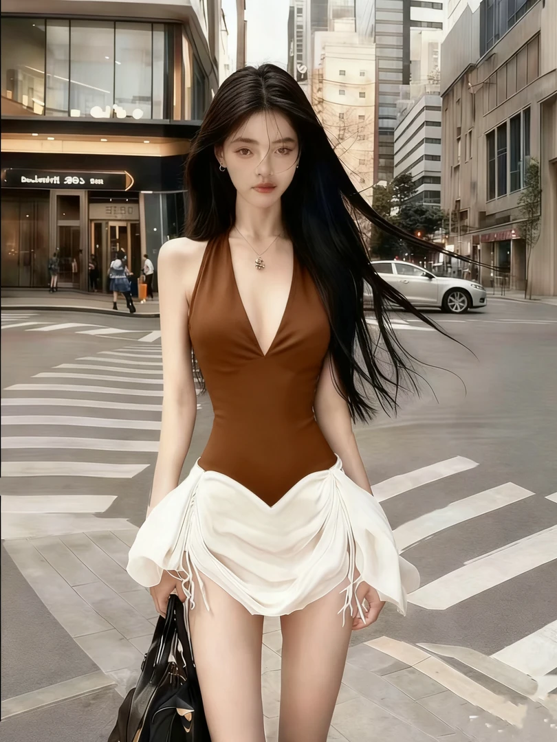 新款时尚纯欲小众气质名媛棕色V领无袖修身收腰设计感显瘦连衣裙