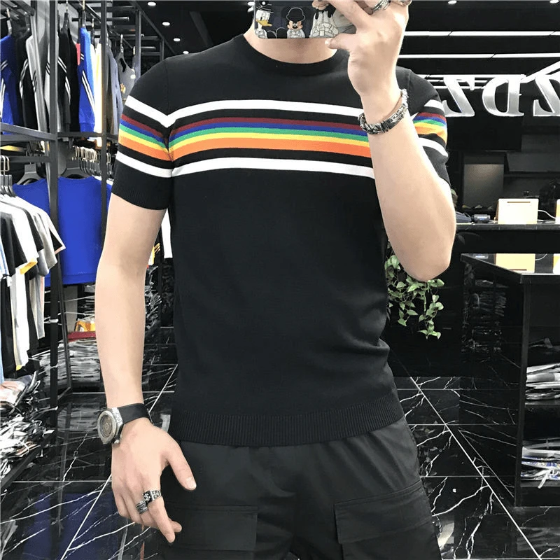 欧货男装短袖T恤针织百搭高品质时尚休闲夏季半袖修身条纹上衣潮t