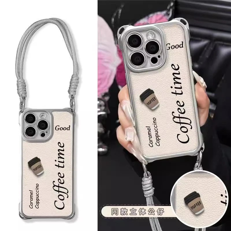 咖啡时间适用iphone16手机壳15PRO/14Pro配件13/12/11挂绳壳