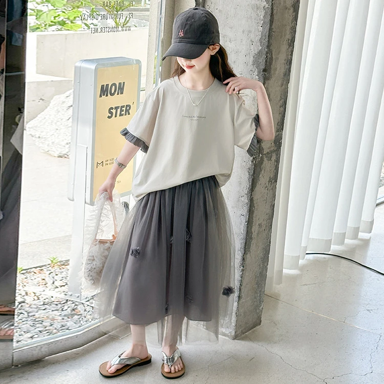 女童套装裙夏季2025新款儿童韩版短袖T恤女大童装半身沙裙两件套8