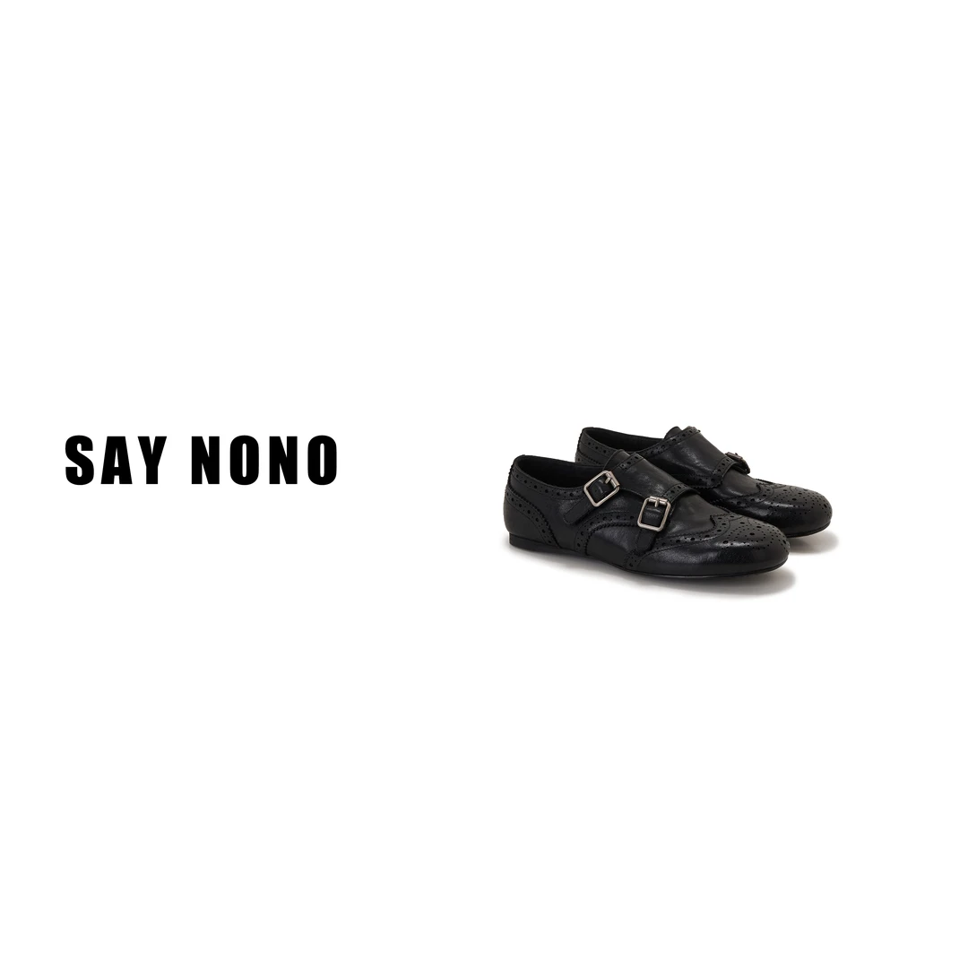 Say  nono  英伦风雕花头层牛皮魔术贴粗跟平底乐福鞋