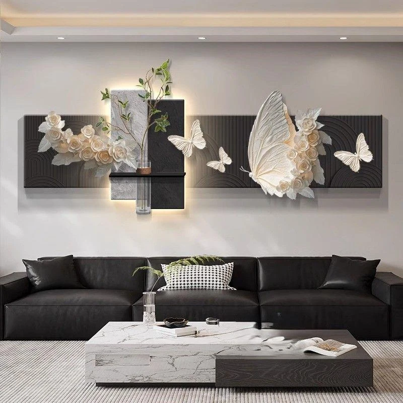 花瓶绿植客厅装饰画中古风高级感沙发背景墙挂画2025新款壁画灯画