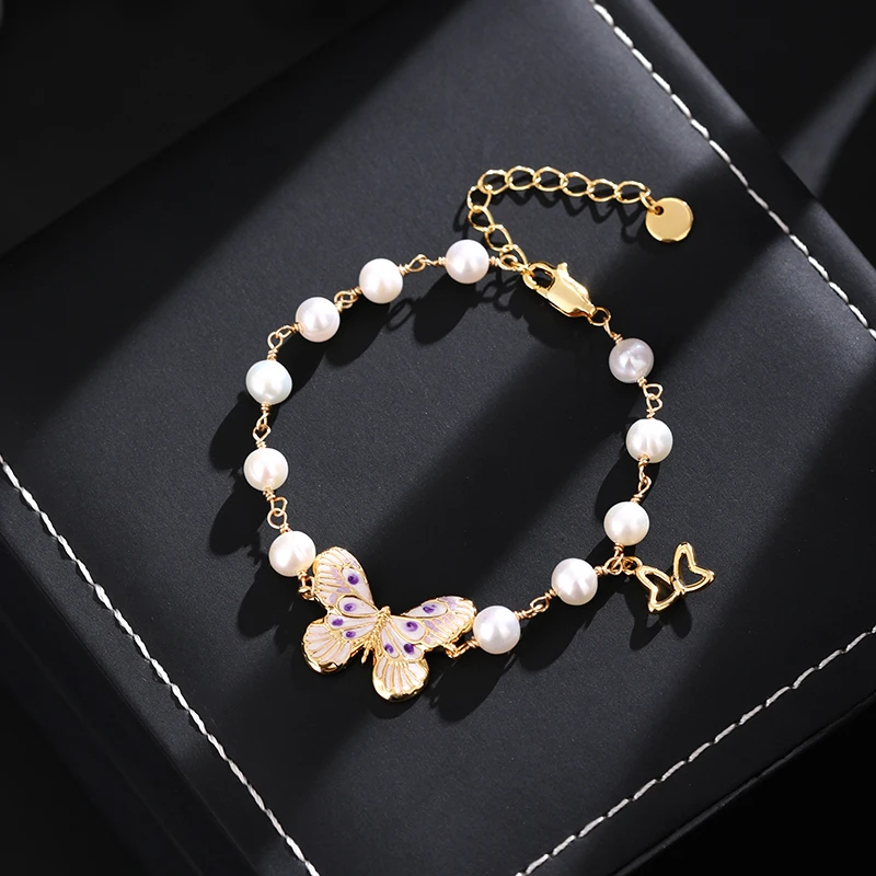 铜合金手链 《货号6995+》珐琅彩超仙蝴蝶珠珠手链（链长：16+4cm）