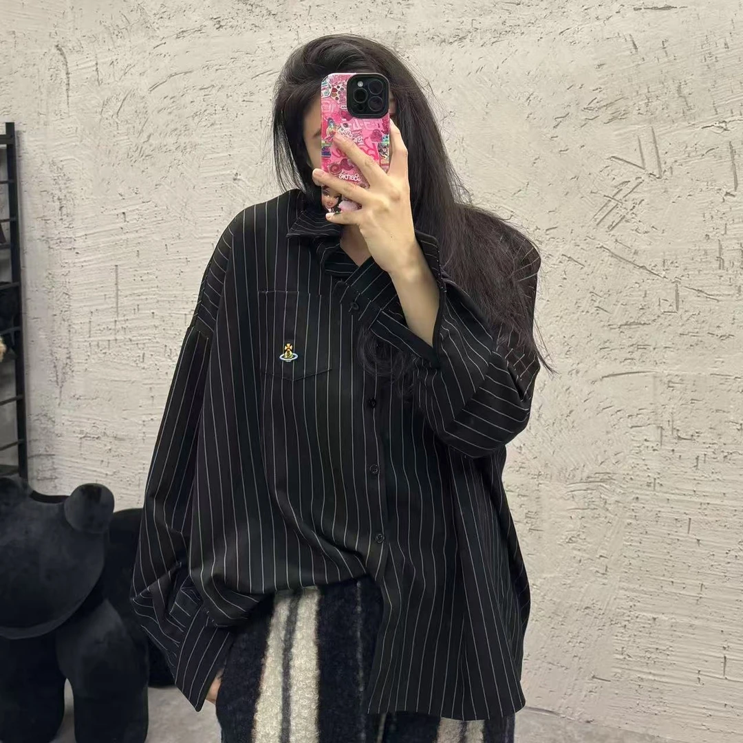 《大韩韩推荐》条条衬衫大码女装显瘦翻领超宽松百搭长袖外套ins